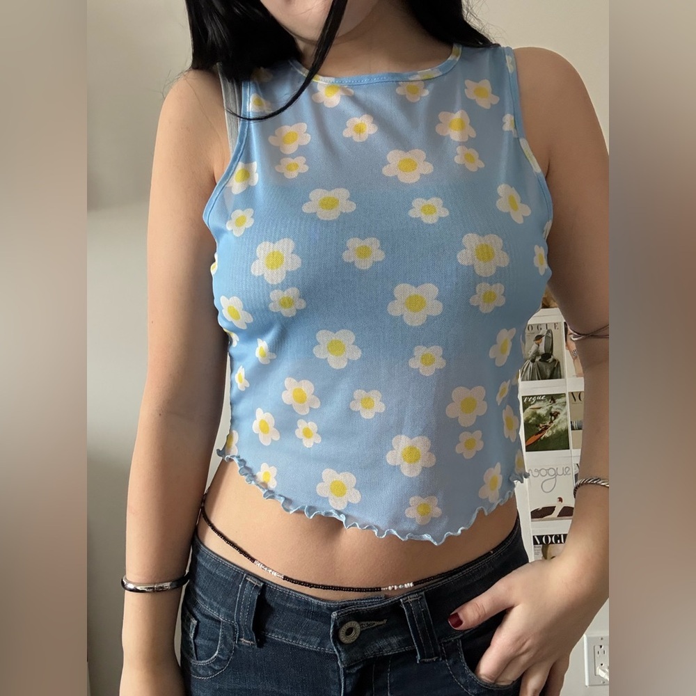 Vintage Blue Floral Mesh Top